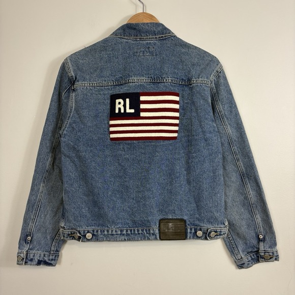 Polo Ralph Lauren Jackets & Blazers - Vtg Ralph Lauren Polo Jeans Co Denim Jacket American Flag Patch Womens Sz L USA